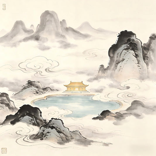 Immortal realm with jade pools and golden terraces in ink painting, representing Xianren Tu the Taoist Immortal Land