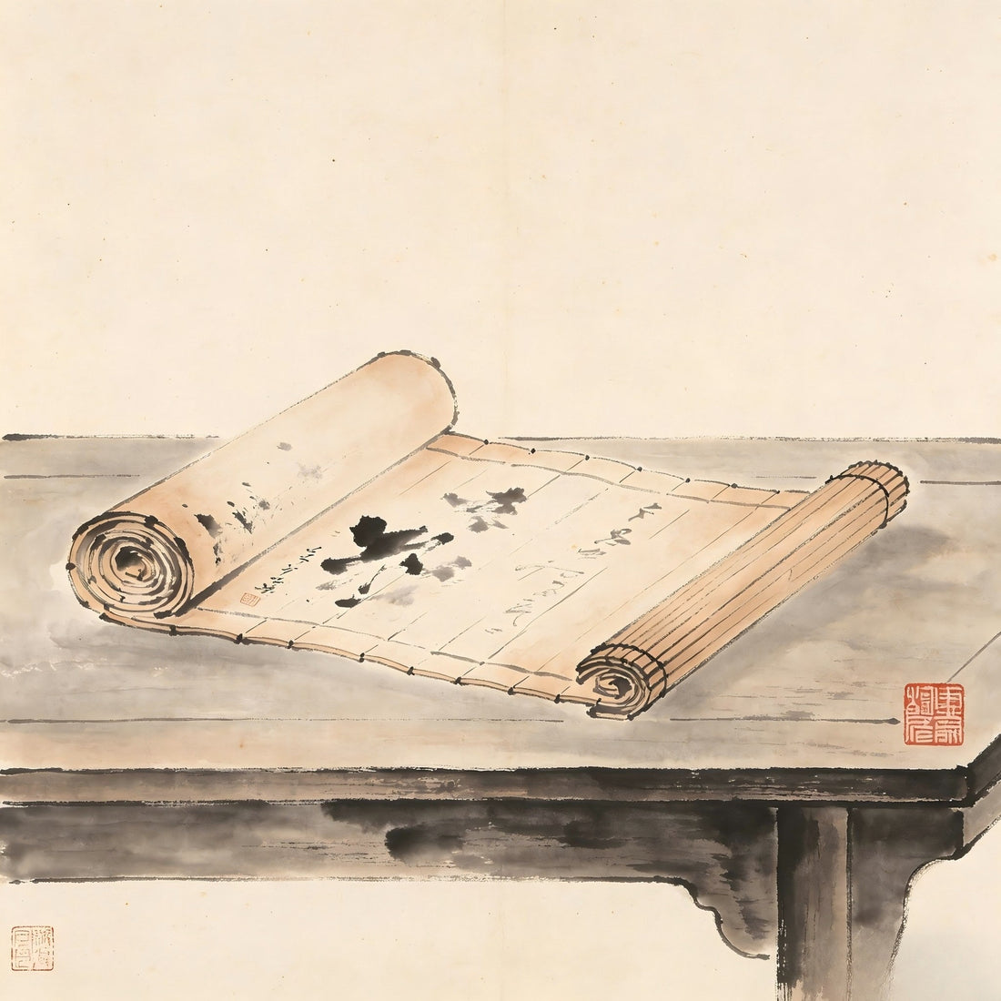 Ancient scrolls and imperial seal in ink wash, representing Ming Taoist administration in Xuanjiaoyuan