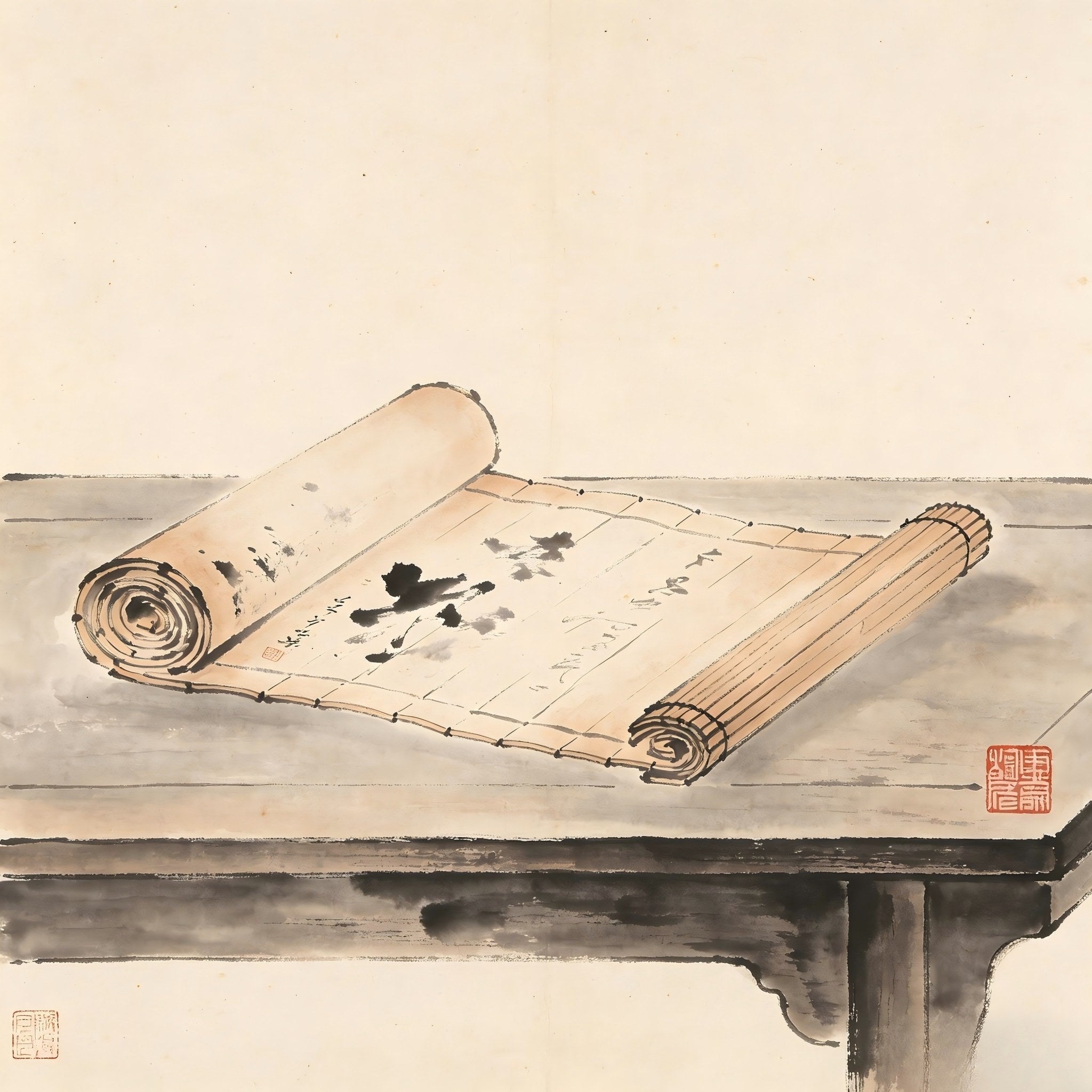 Ancient scrolls and imperial seal in ink wash, representing Ming Taoist administration in Xuanjiaoyuan