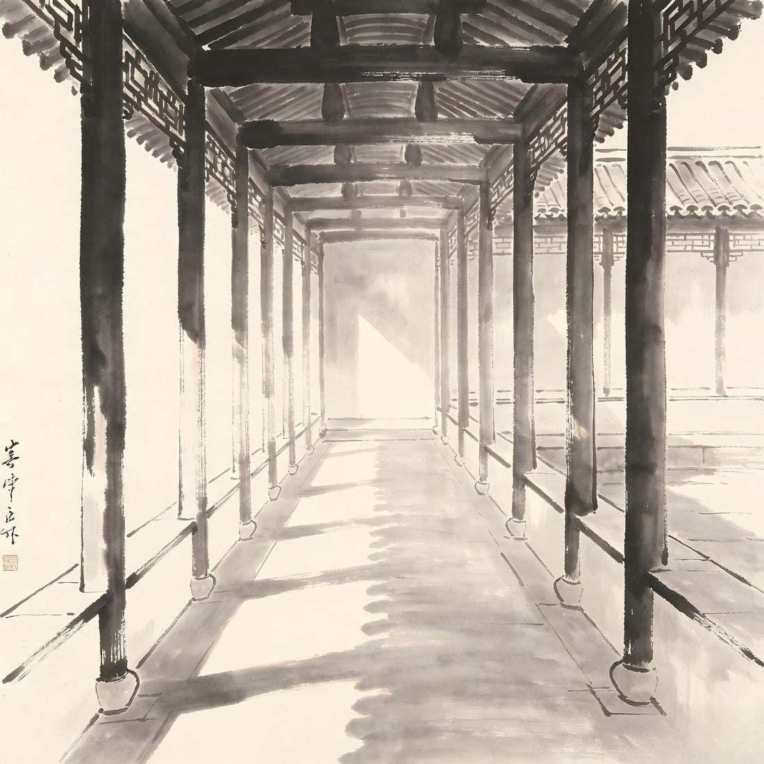 A long monastery corridor in Chinese ink painting, symbolizing the patrol inspector's oversight