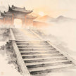 A Taoist monastery gate bathed in morning light in Chinese ink painting
