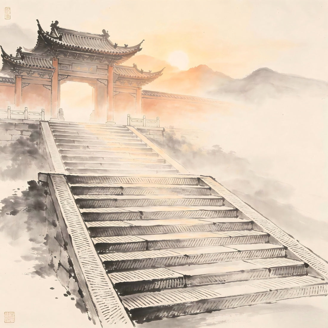A Taoist monastery gate bathed in morning light in Chinese ink painting