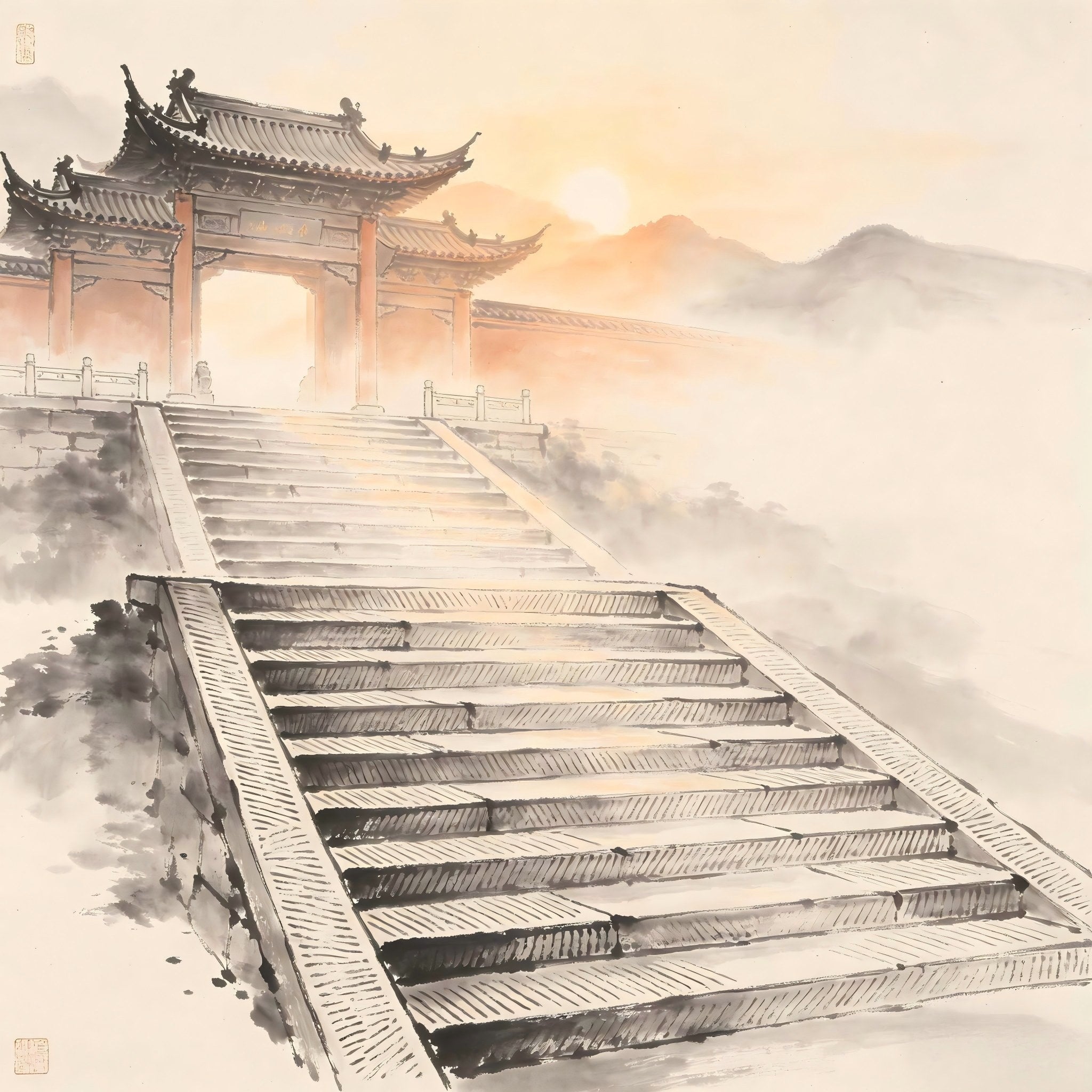 A Taoist monastery gate bathed in morning light in Chinese ink painting