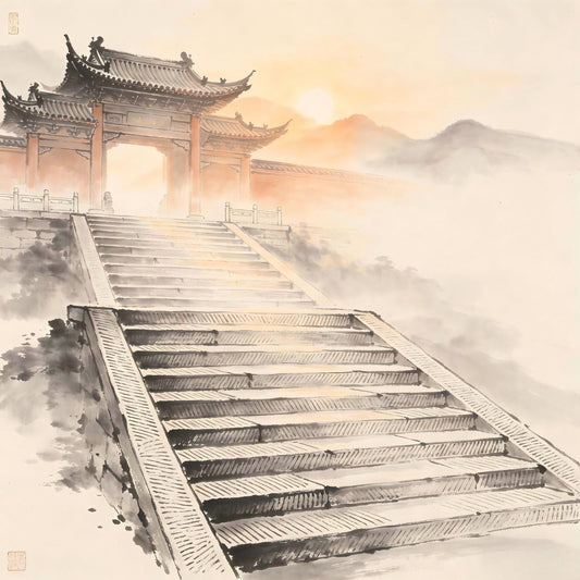 A Taoist monastery gate bathed in morning light in Chinese ink painting