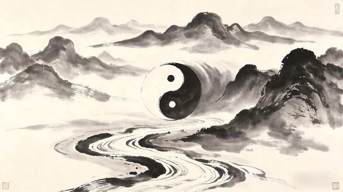 Yin-yang convergence in traditional Chinese ink painting, contrasting dark and light washes merging, representing the Yin Yang Jia school