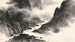 Dark valley shrouded in heavy mist with low-lying stream in Chinese ink painting, representing yin turbidity catastrophe