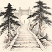 Ancient Chinese monastery gate with pine trees and stone pathway in ink wash painting