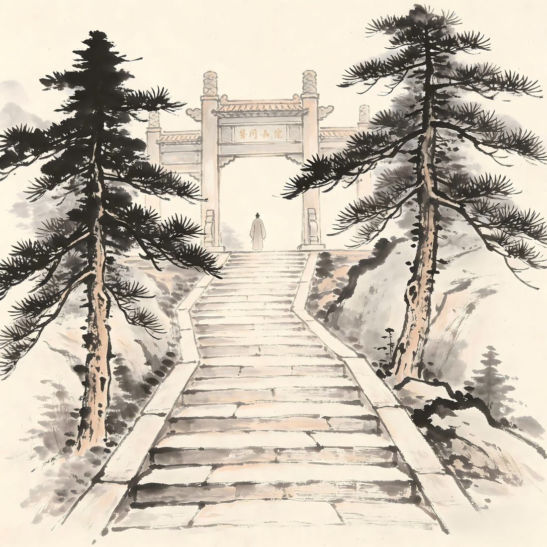 Ancient Chinese monastery gate with pine trees and stone pathway in ink wash painting