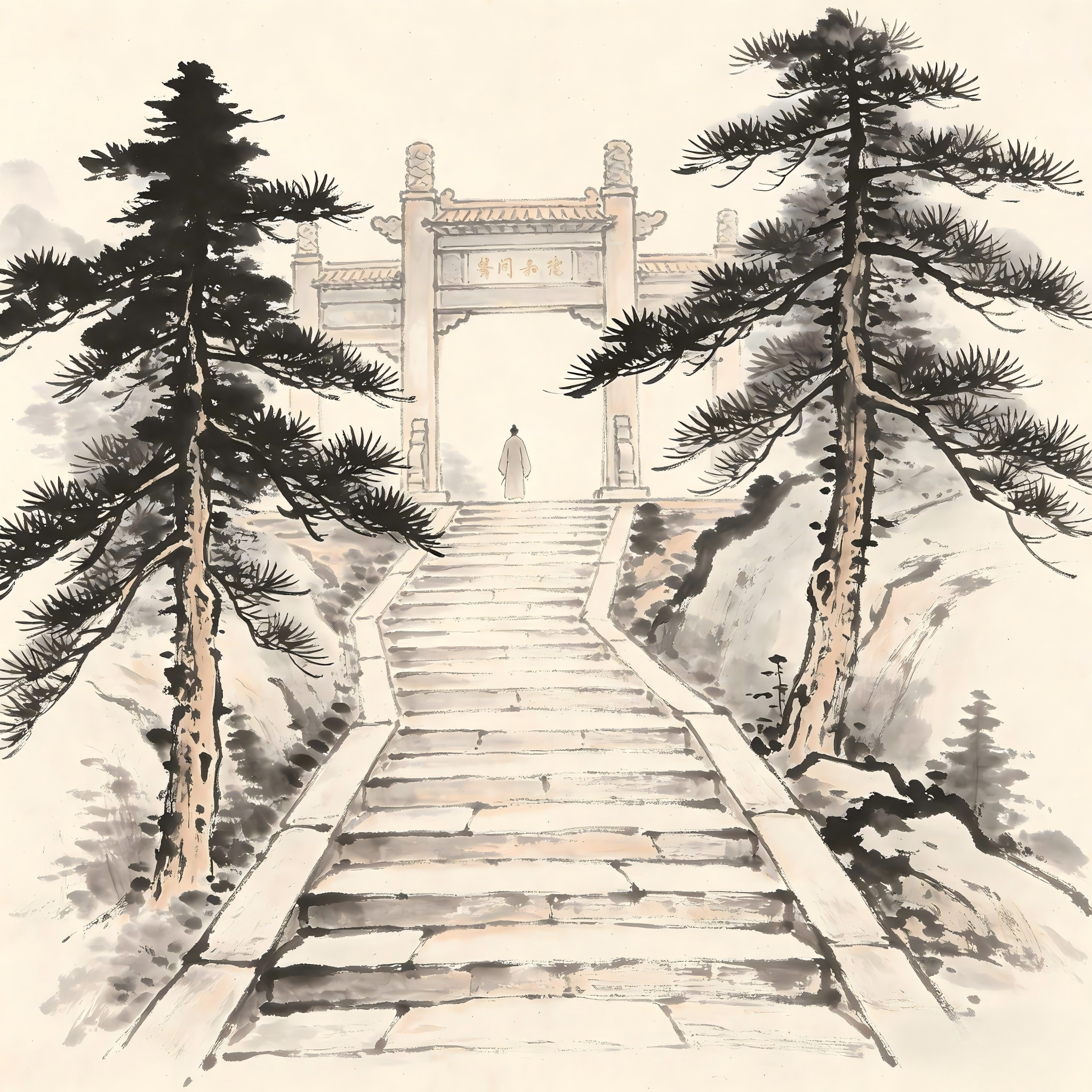 Ancient Chinese monastery gate with pine trees and stone pathway in ink wash painting
