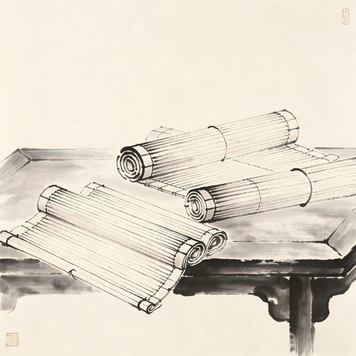 Bamboo slips and scrolls arranged on an ancient desk, representing the Taoist Jade Register texts