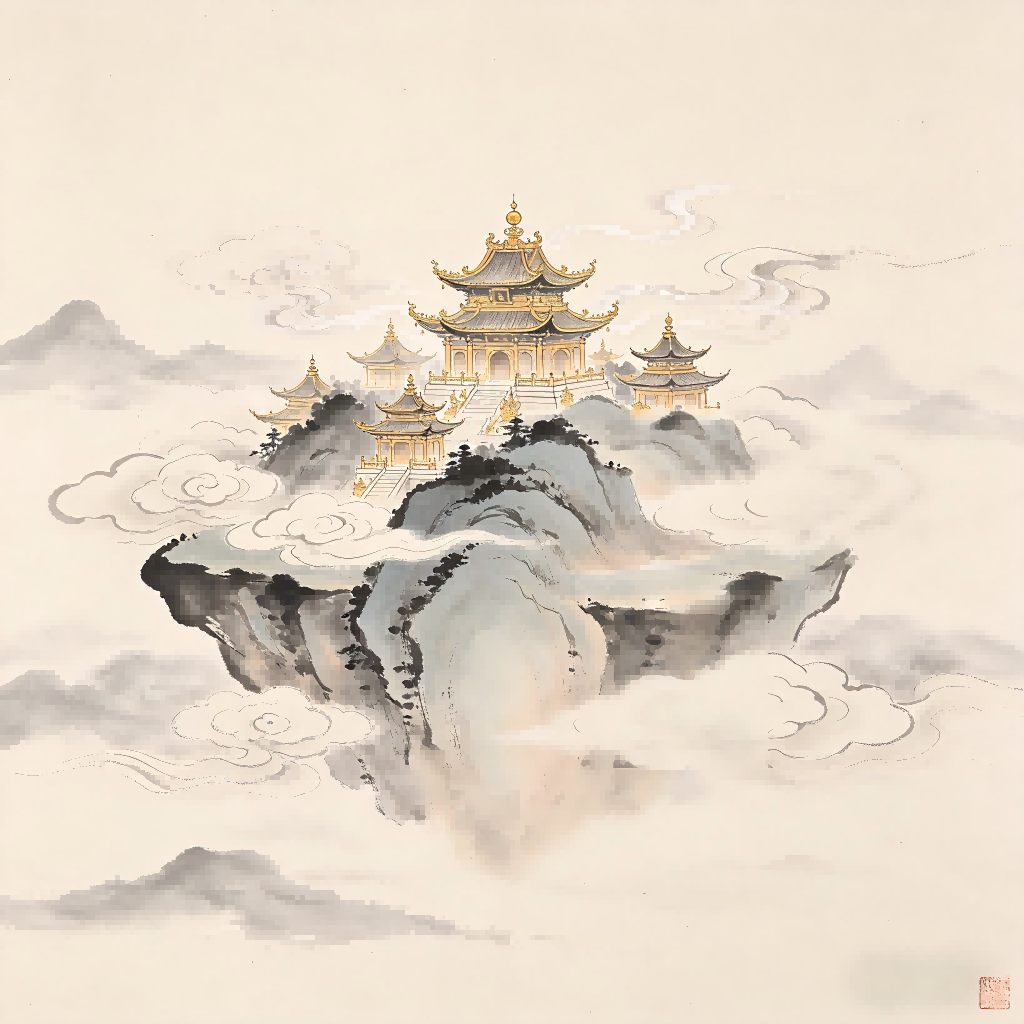 Magnificent jade palace floating in the celestial realm, the Yu Jing capital of Taoist immortals
