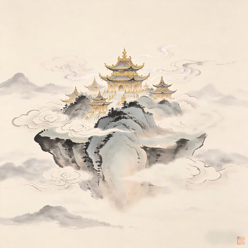 Magnificent jade palace floating in the celestial realm, the Yu Jing capital of Taoist immortals