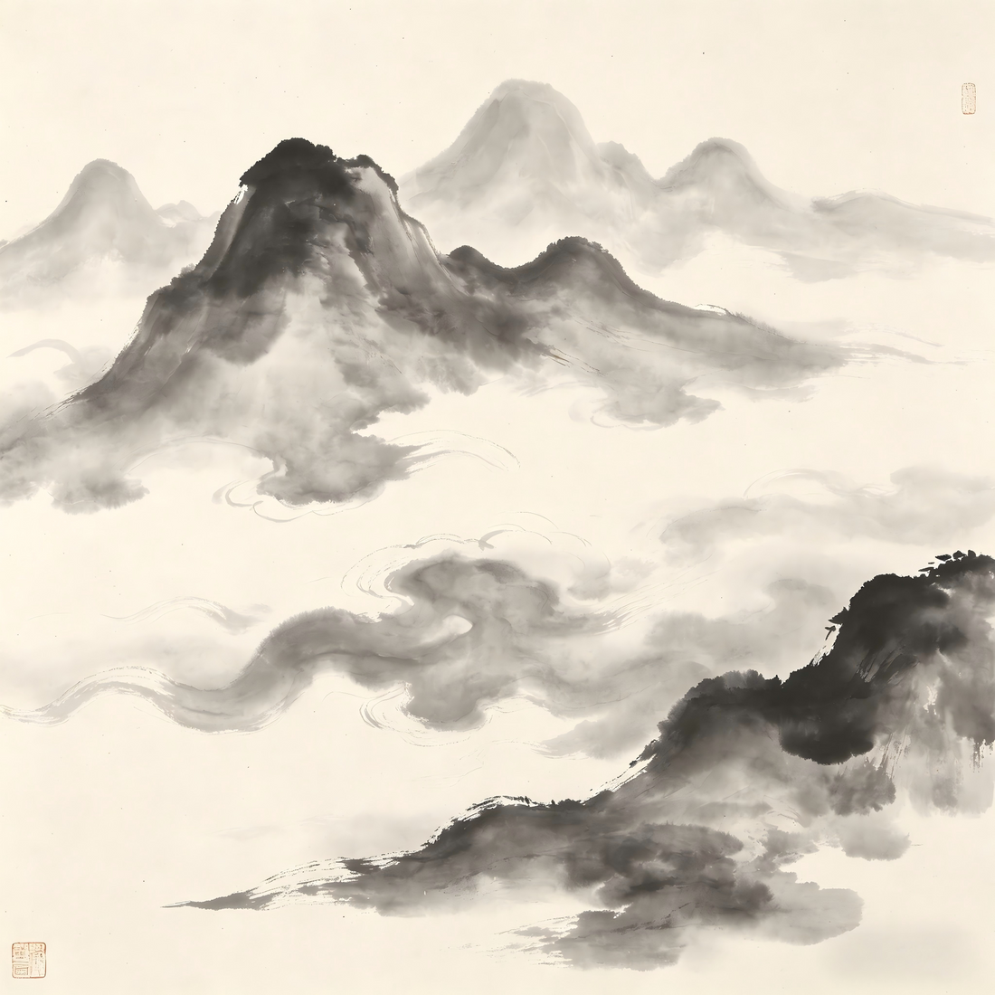Misty mountain landscape with sparse trees in ink wash style