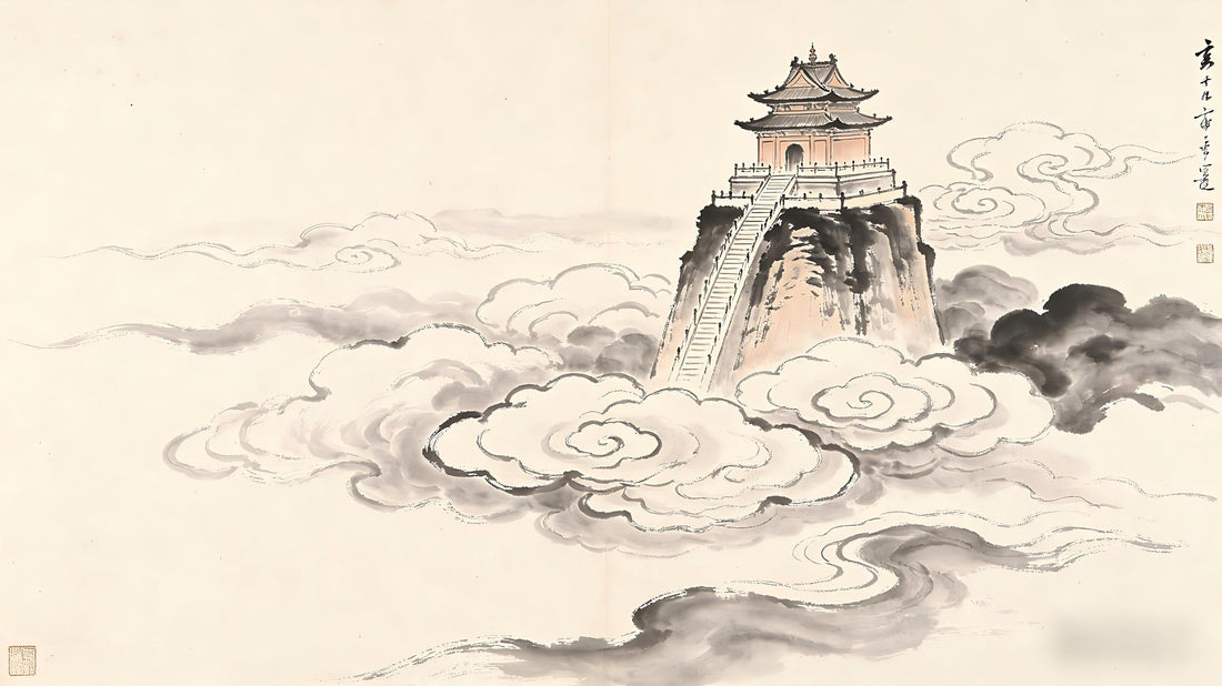 A celestial throne platform rising above clouds in traditional Chinese ink painting, representing the Yu Luo Xiao Tai in the Jade Pure Realm