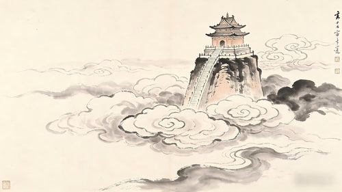 A celestial throne platform rising above clouds in traditional Chinese ink painting, representing the Yu Luo Xiao Tai in the Jade Pure Realm
