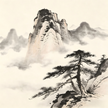Mountain peak in clouds with pine trees in Chinese ink wash painting