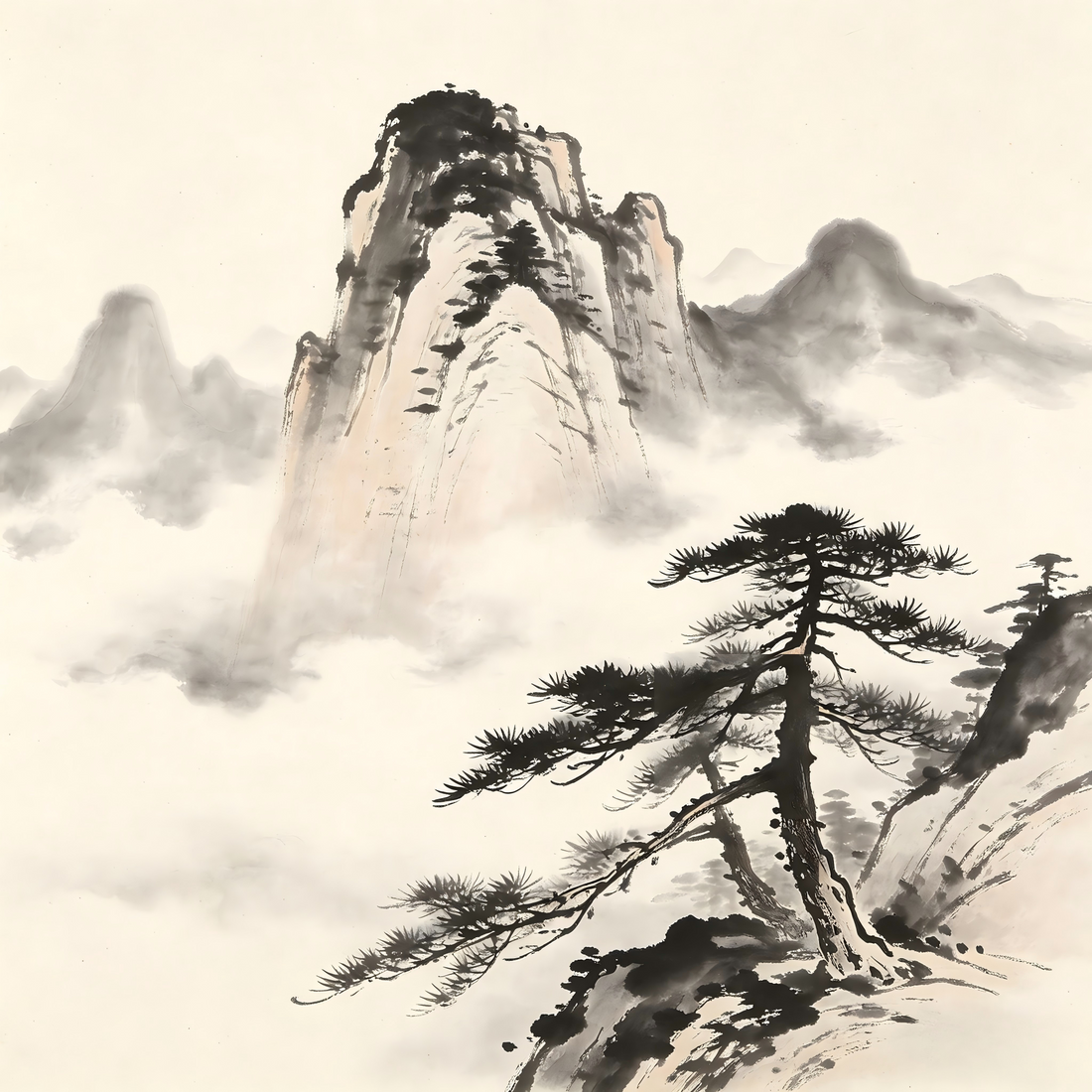 Mountain peak in clouds with pine trees in Chinese ink wash painting