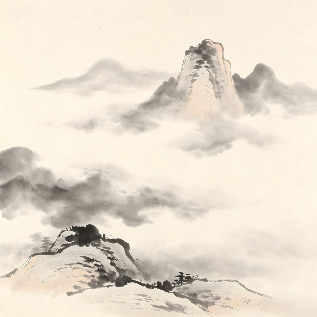 Yuantou Taoist monastery in traditional Chinese ink painting style