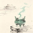 Jade ritual vessel with curling incense smoke in ink wash style, representing the Yujingzhai imperial purification ritual for the Taoist imperial family