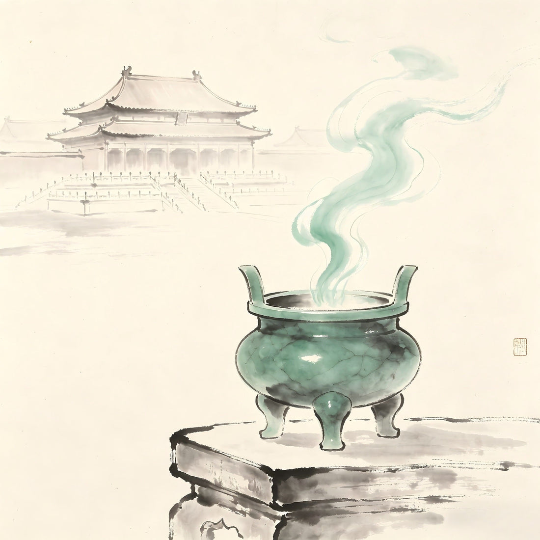 Jade ritual vessel with curling incense smoke in ink wash style, representing the Yujingzhai imperial purification ritual for the Taoist imperial family