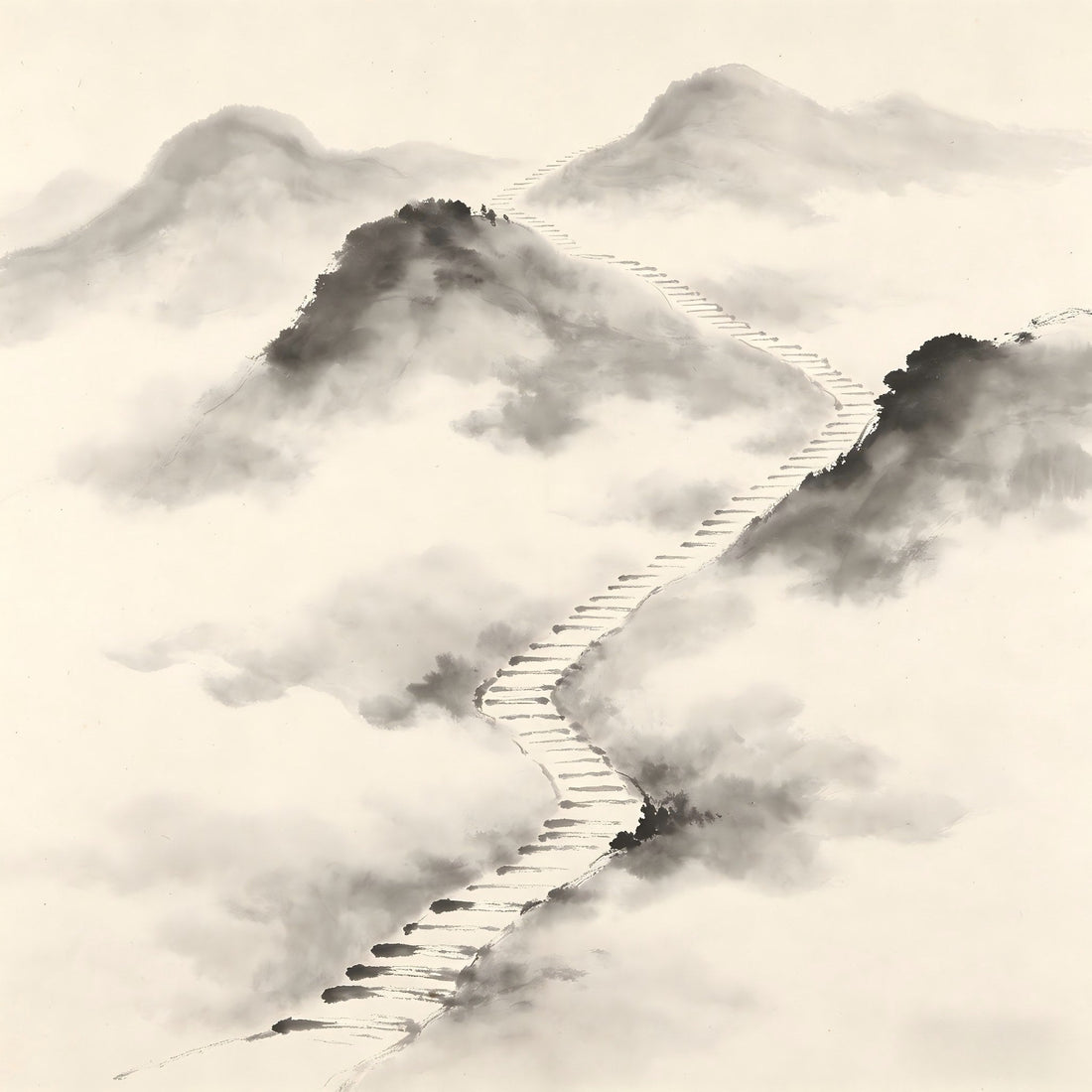Misty mountain path fading into the heights, representing the Taoist Yun Fang cloud chamber