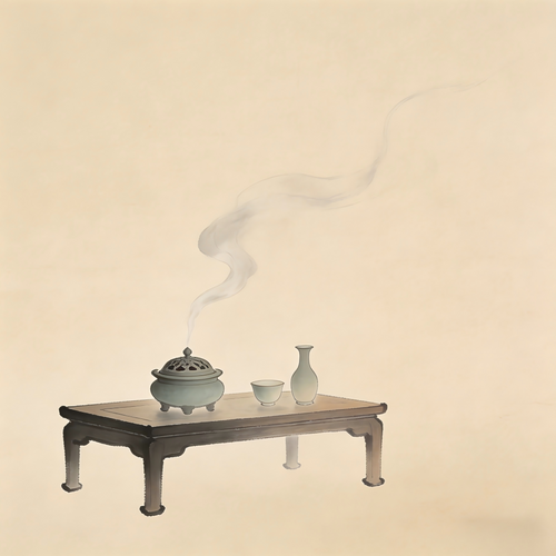 Taoist ritual studio, curling incense from the censer, ritual utensils quietly placed on the table, traditional Chinese ink painting
