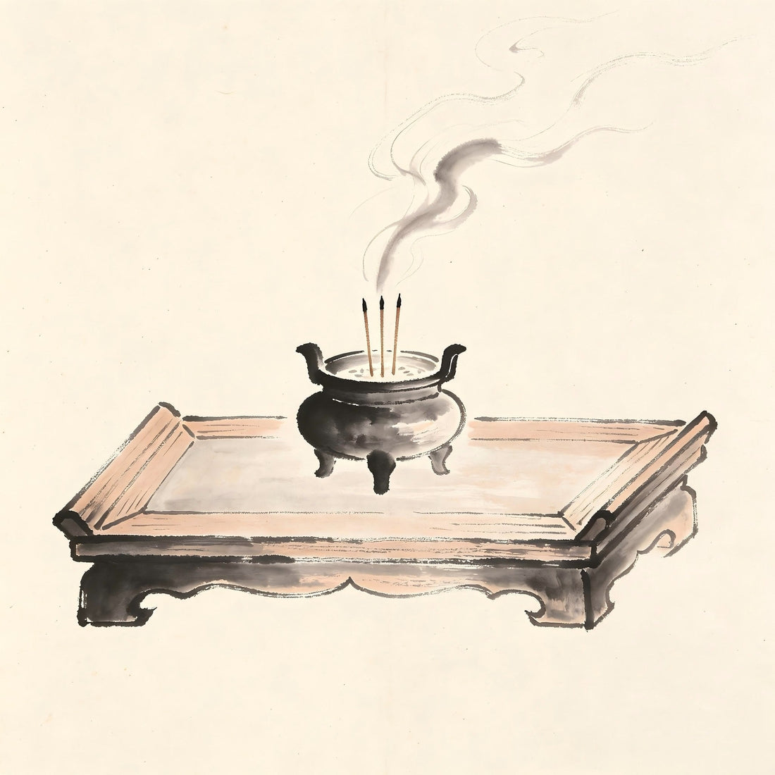 Zhai Jiao Taoist ritual altar with incense offerings ink painting
