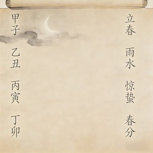 Zhai Ri Taoist ancient calendar with solar terms chart ink painting
