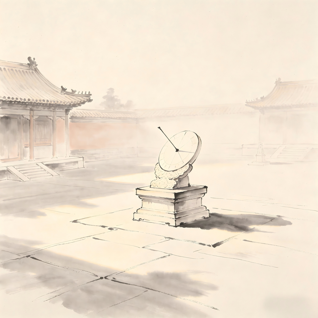 Zhai Shi Taoist sundial casting shadow at noon ink painting