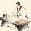 Account books and incense on a desk in Chinese ink painting style