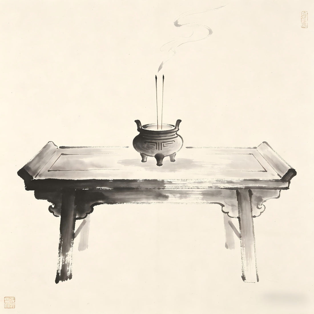 Zheng Meng Shi Taoist ordination platform with incense burner ink painting