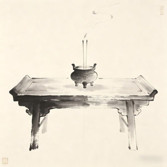 Zheng Meng Shi Taoist ordination platform with incense burner ink painting