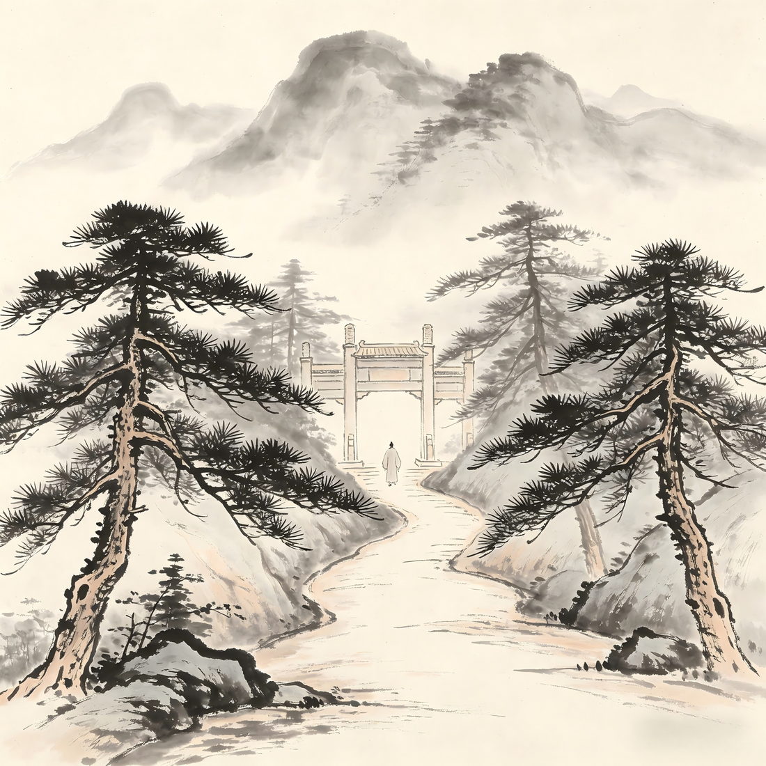 Traditional Chinese monastery gate and pathway in ink wash painting