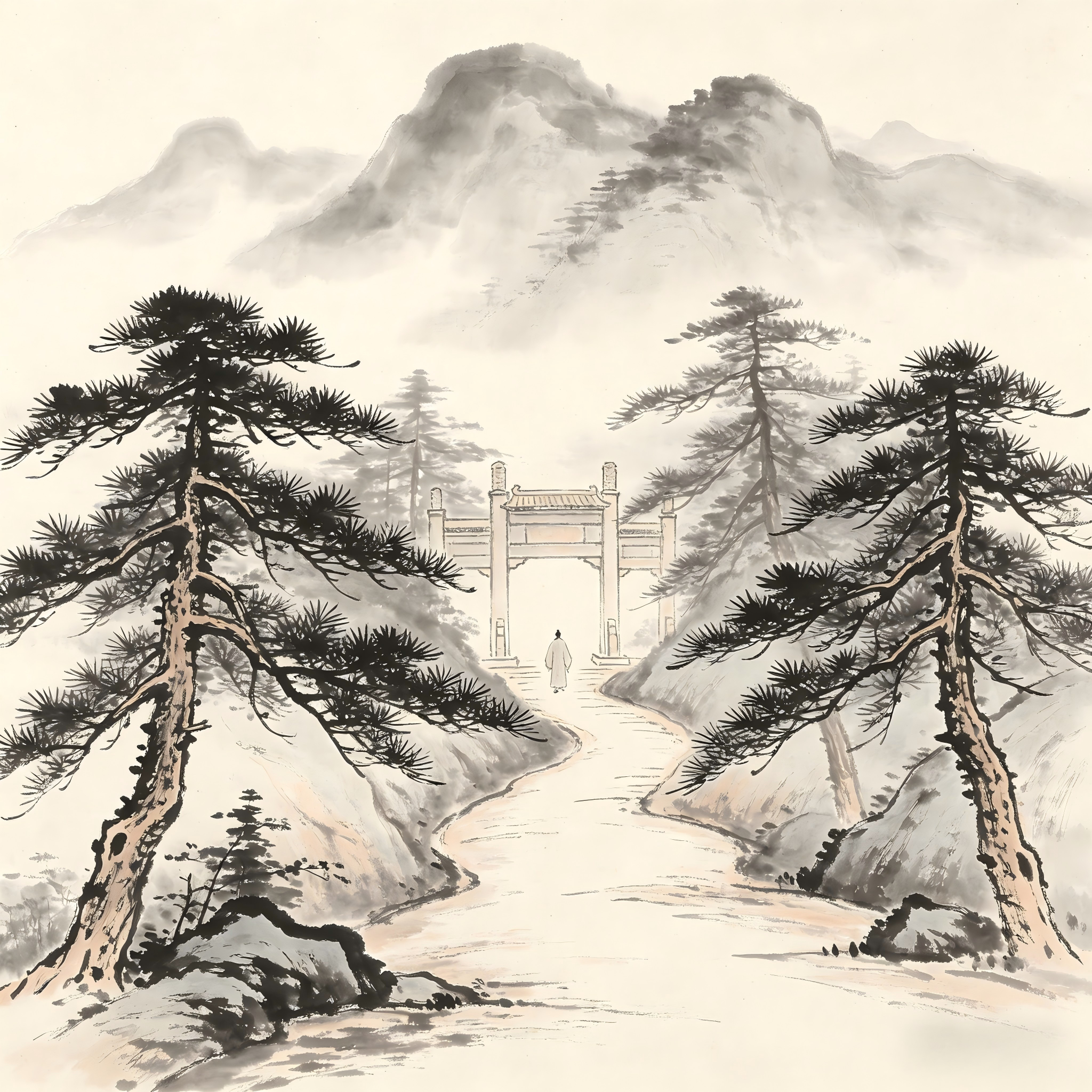 Traditional Chinese monastery gate and pathway in ink wash painting