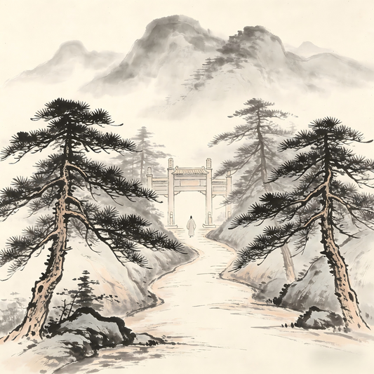 Traditional Chinese monastery gate and pathway in ink wash painting