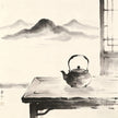Tea set by window in ink wash style, representing Zhike guest reception in Taoist monastery