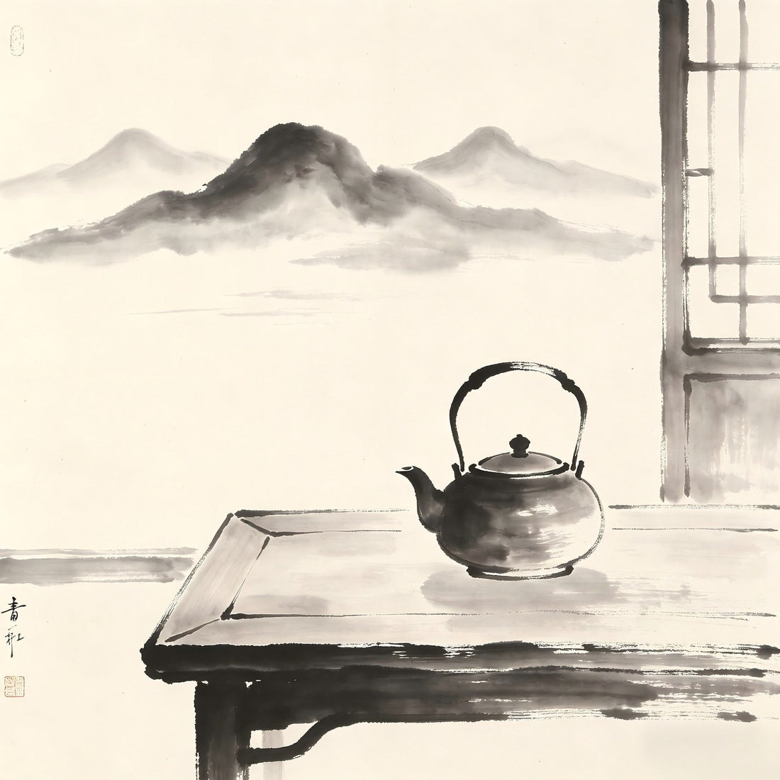 Tea set by window in ink wash style, representing Zhike guest reception in Taoist monastery