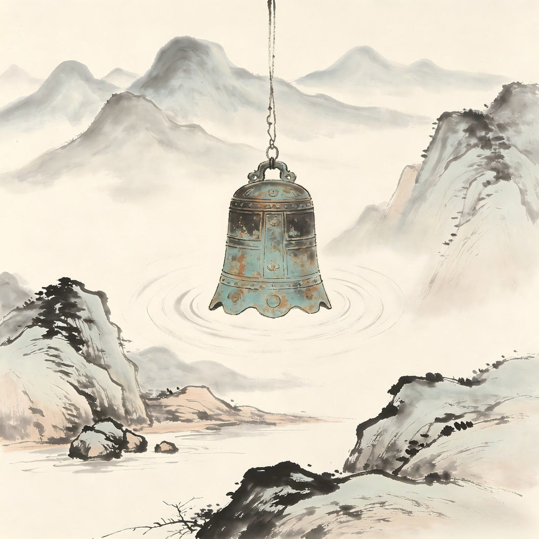 Ancient bronze bell in misty valley, representing Zhiqing chant and bell role in Taoist ritual