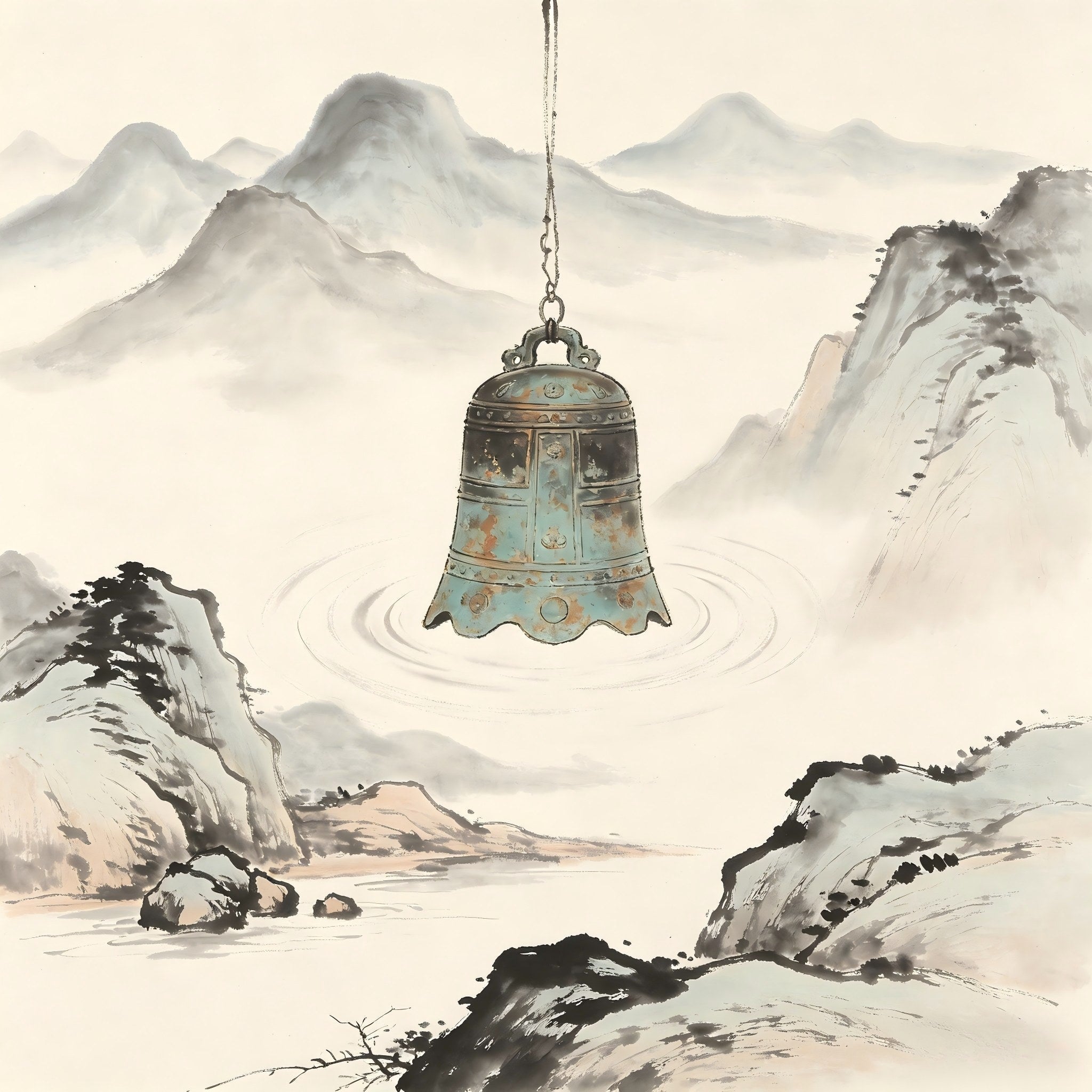 Ancient bronze bell in misty valley, representing Zhiqing chant and bell role in Taoist ritual