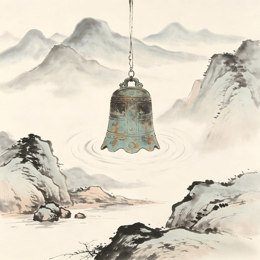 Ancient bronze bell in misty valley, representing Zhiqing chant and bell role in Taoist ritual