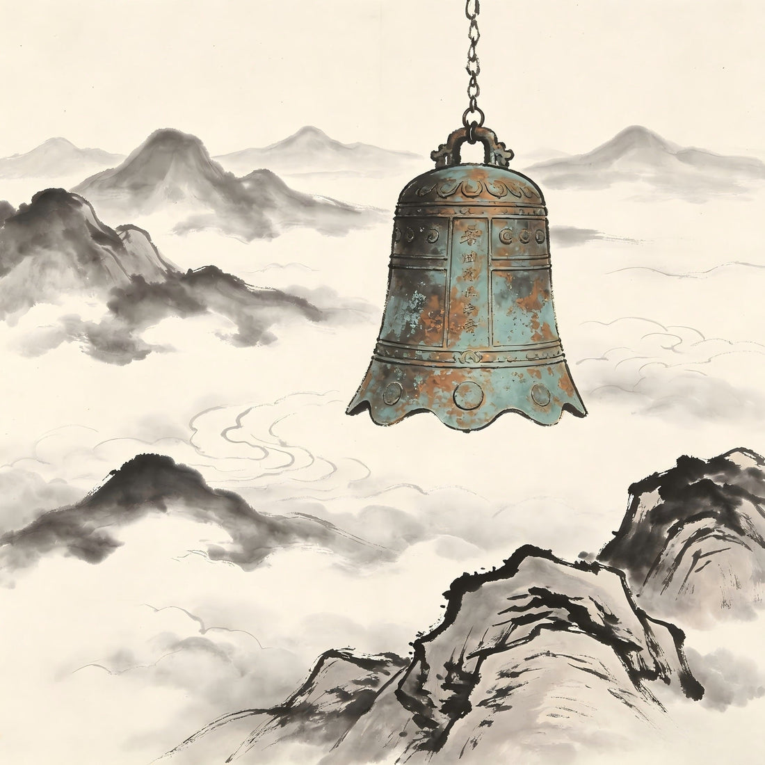 Ancient bronze bell suspended in mountain mist, representing the Zhongtou bell striking role in Taoist monastic timekeeping