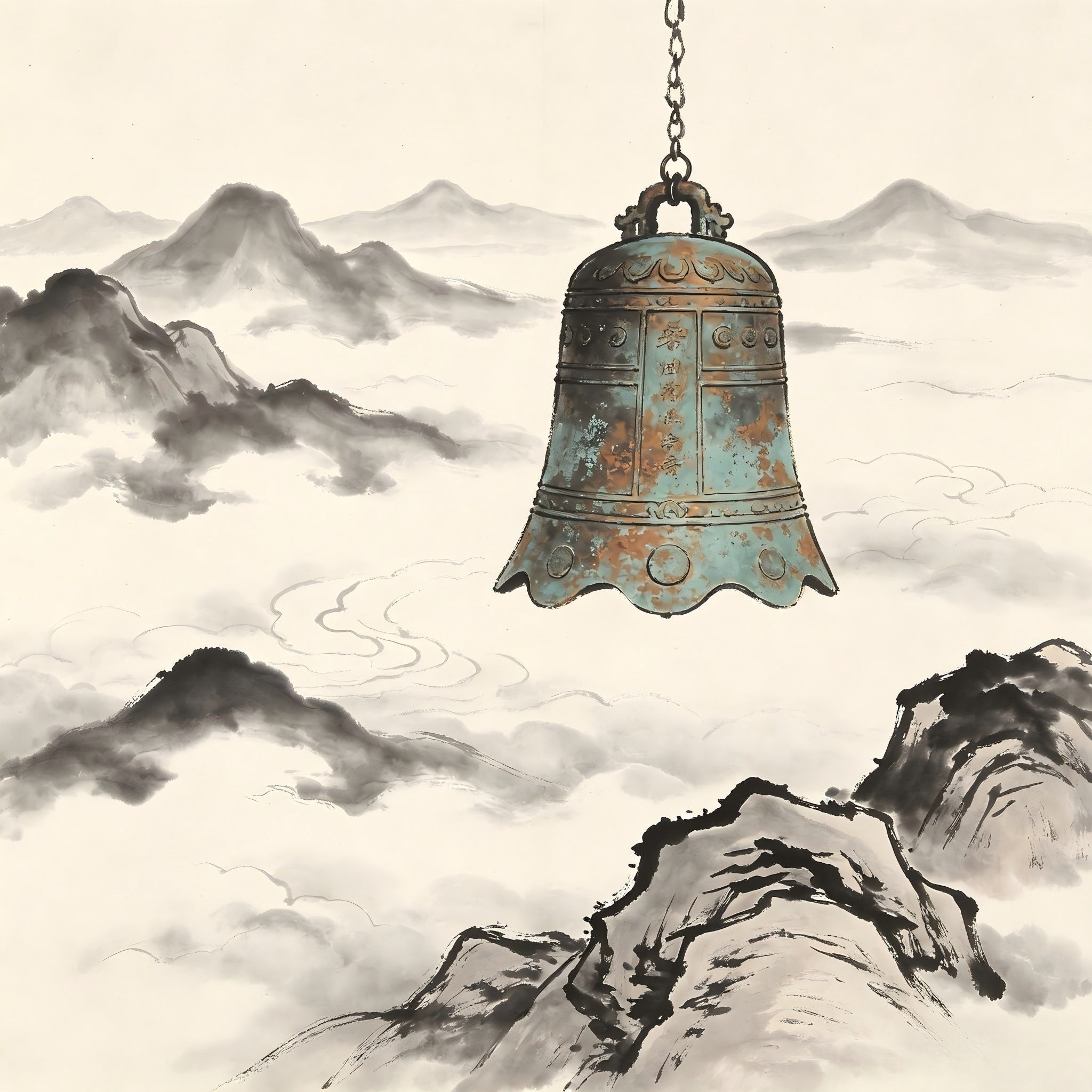 Ancient bronze bell suspended in mountain mist, representing the Zhongtou bell striking role in Taoist monastic timekeeping