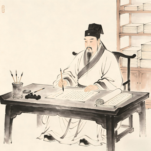 Taoist administrative officer with documents in traditional Chinese painting