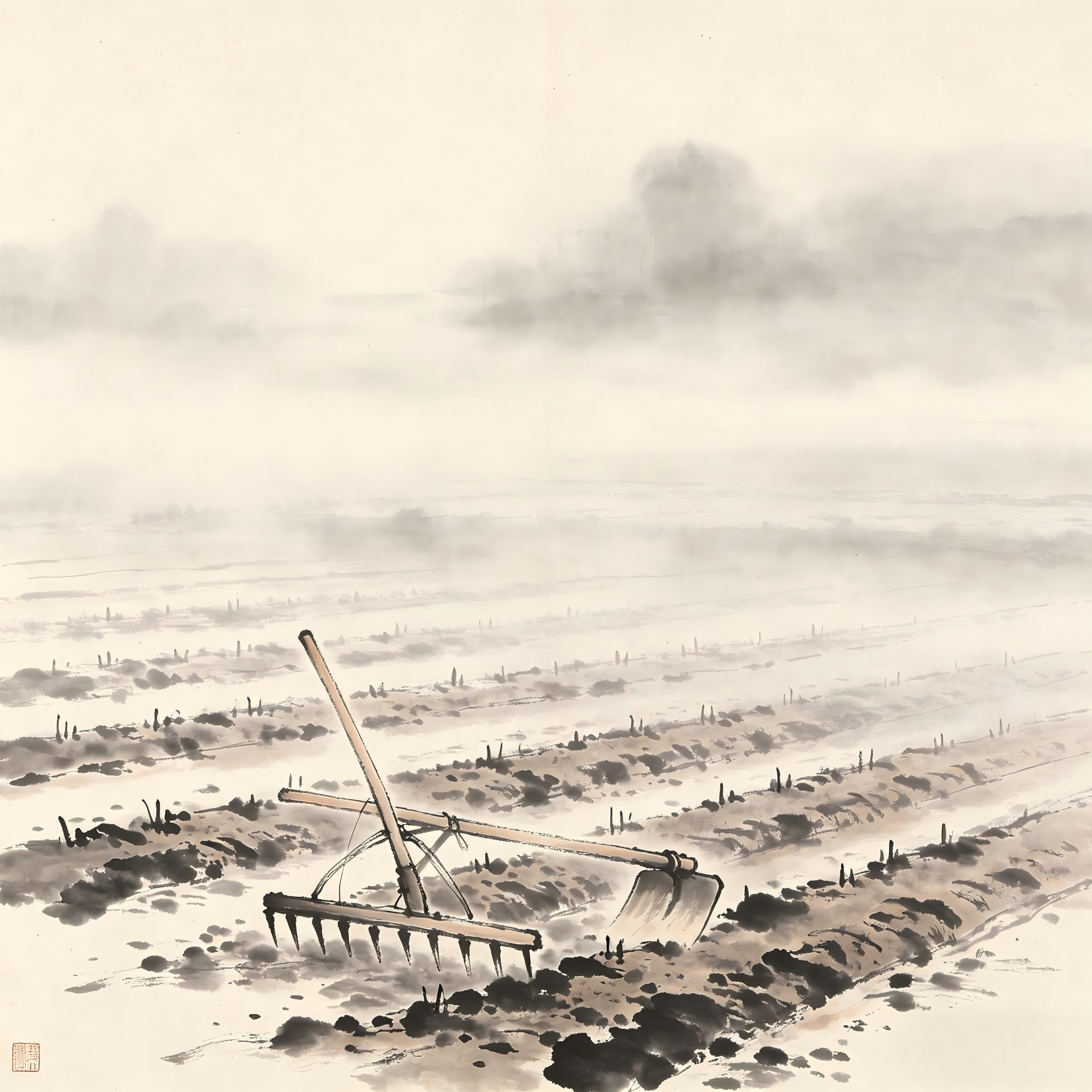 Zhuang Tou Farm Head Taoist farm tools in morning field ink painting