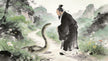 A Taoist priest encountering a snake on a mountain trail at Longhu Mountain in spring, surrounded by lush greenery, representing insect/reptile consciousness
