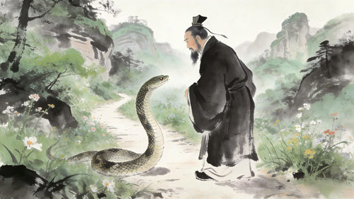 A Taoist priest encountering a snake on a mountain trail at Longhu Mountain in spring, surrounded by lush greenery, representing insect/reptile consciousness