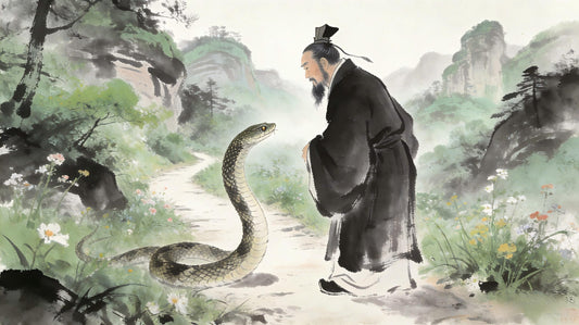 A Taoist priest encountering a snake on a mountain trail at Longhu Mountain in spring, surrounded by lush greenery, representing insect/reptile consciousness