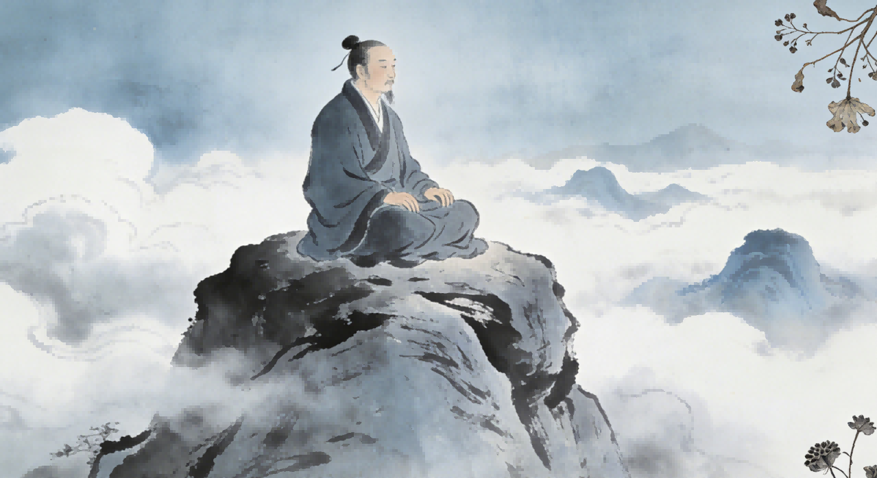 Taoist priest in meditation amid five symbolic forms of human suffering, Five Corpses Wu Shi concept, Longhu Mountain Zhengyi tradition