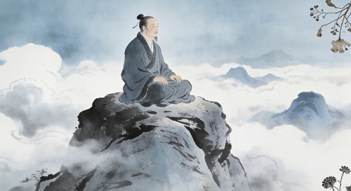 Taoist priest in meditation amid five symbolic forms of human suffering, Five Corpses Wu Shi concept, Longhu Mountain Zhengyi tradition