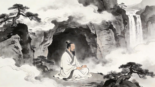A Taoist practitioner meditating at a mountain retreat in Longhu Mountain, mist surrounding ancient pine trees, representing the Five Fruits of spiritual attainment